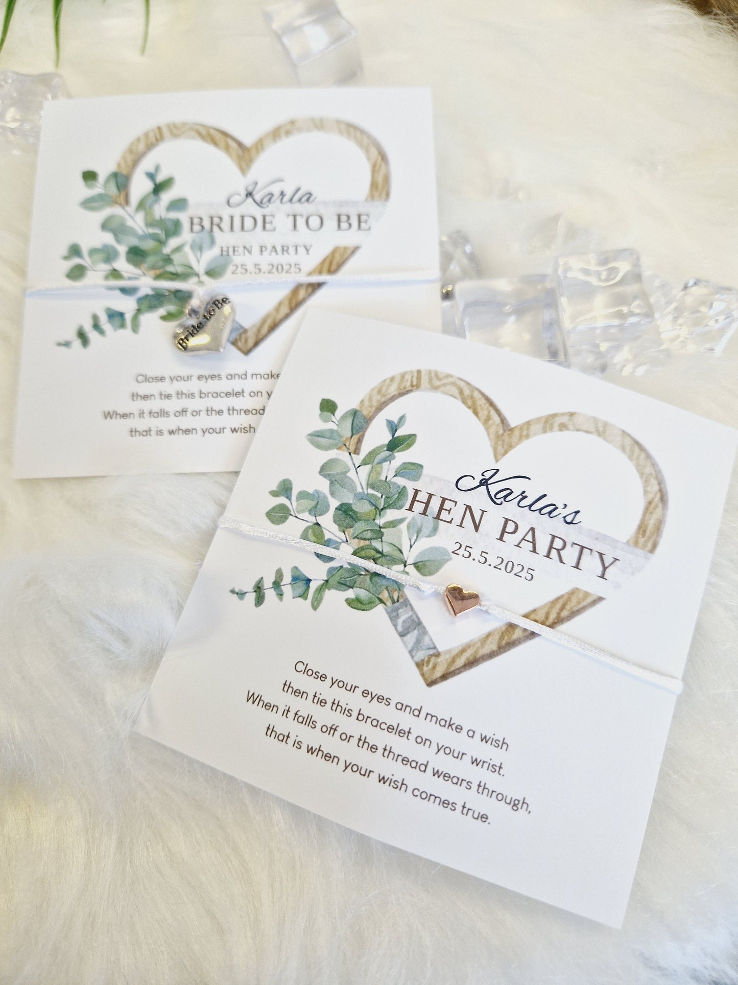 Eucalyptus heart Hen Party Wish Bracelets - Personalised  - Goodie Bag Filler - Hen Weekend, Hen Do, Girls Weekend - Bride to Be - EH3
