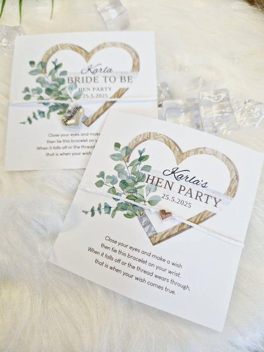 Eucalyptus heart Hen Party Wish Bracelets - Personalised  - Goodie Bag Filler - Hen Weekend, Hen Do, Girls Weekend - Bride to Be - EH3