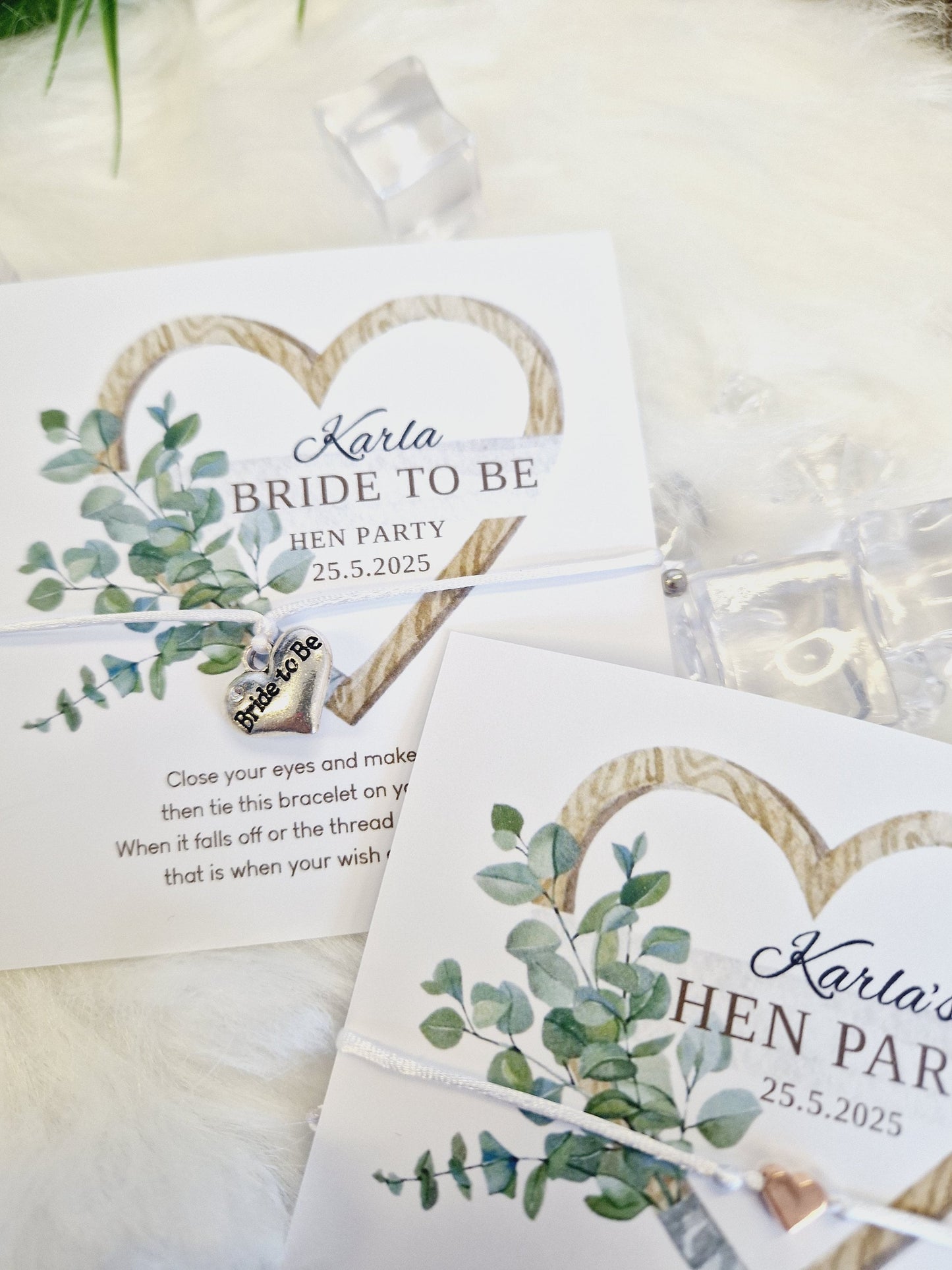 Eucalyptus heart Hen Party Wish Bracelets - Personalised  - Goodie Bag Filler - Hen Weekend, Hen Do, Girls Weekend - Bride to Be - EH3
