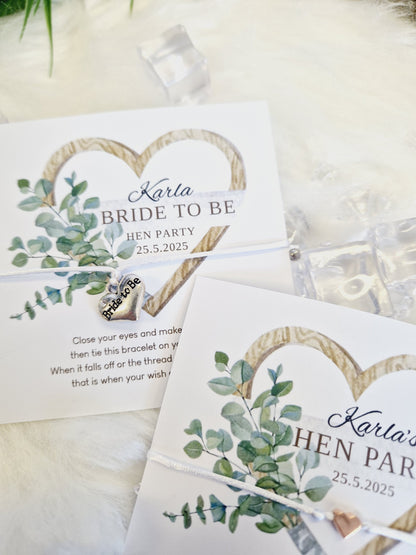 Eucalyptus heart Hen Party Wish Bracelets - Personalised  - Goodie Bag Filler - Hen Weekend, Hen Do, Girls Weekend - Bride to Be - EH3