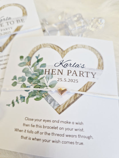 Eucalyptus heart Hen Party Wish Bracelets - Personalised  - Goodie Bag Filler - Hen Weekend, Hen Do, Girls Weekend - Bride to Be - EH3