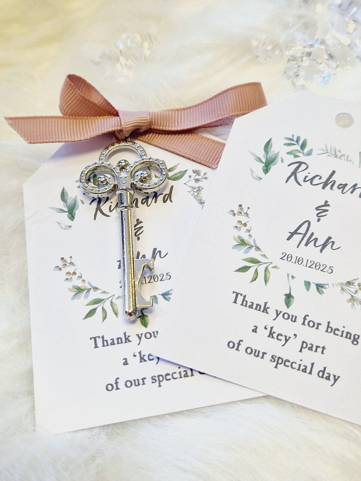 Eucalyptus Leaf Design Thank you Wedding favours- Key Bottle Opener, Gift Tag and Ribbon-Personalised Bride and Groom -BW5