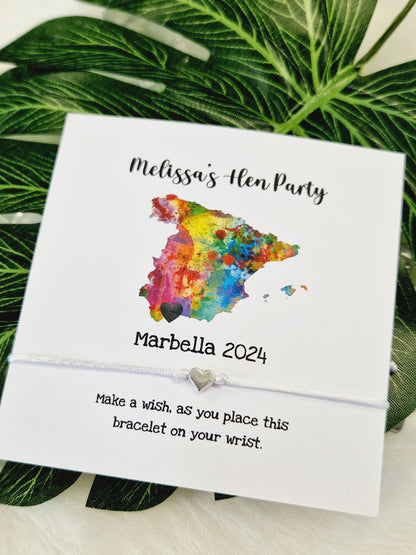Marbella - Spain Map with heart - Hen Party Personalised Wish Bracelets - Calligraphy - Girls Weekend- Hen Do- MV6