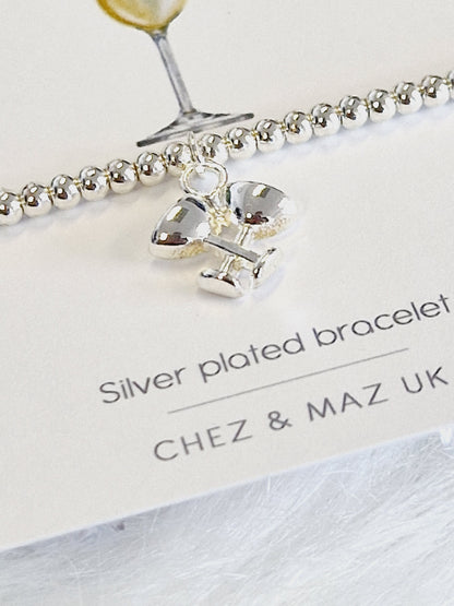 Silver plated Happy Birthday I  Friend I  Birthday Gifts For Women I Beaded Silver Jewellery with Silver champagne glasses