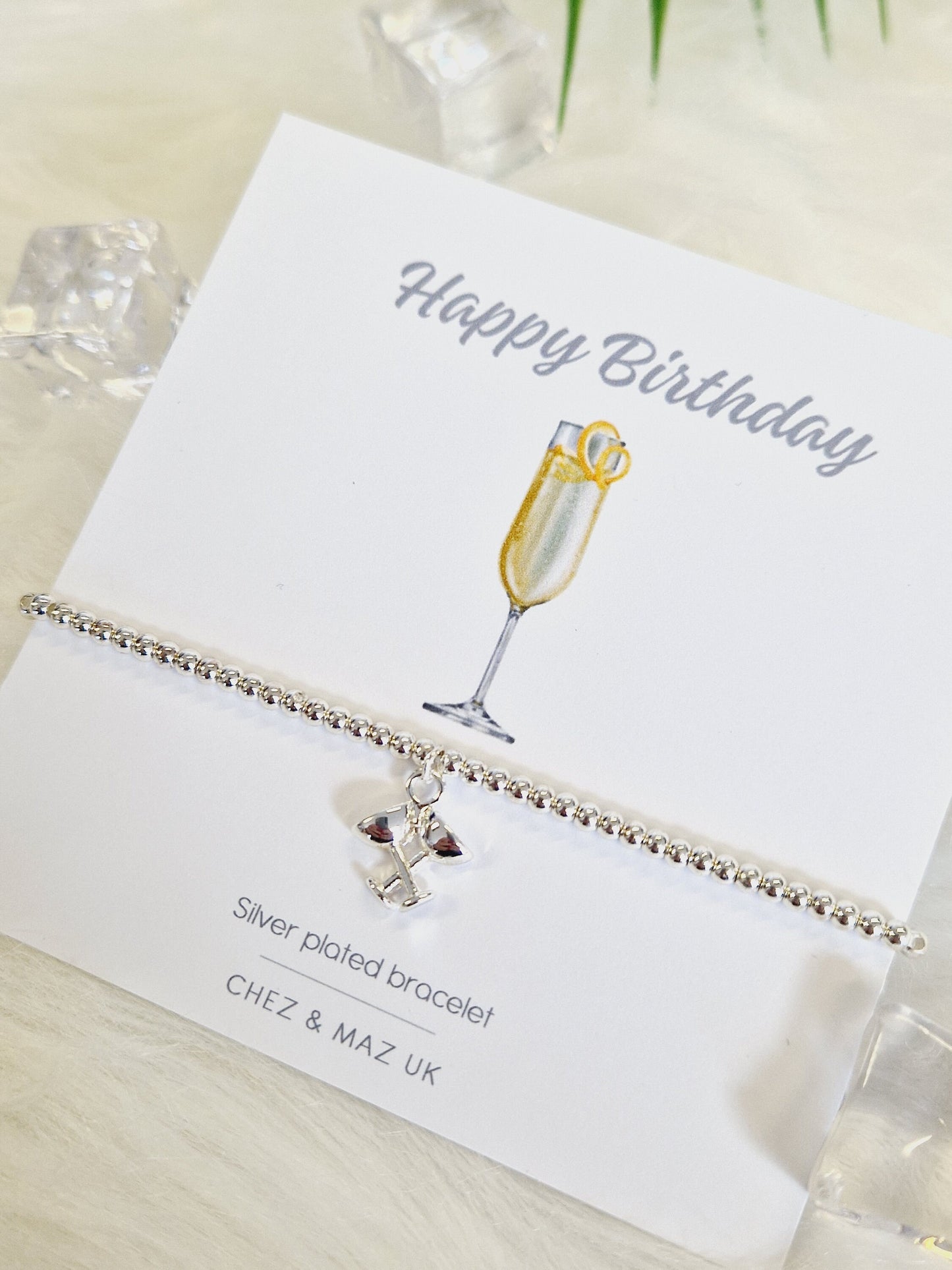 Silver plated Happy Birthday I  Friend I  Birthday Gifts For Women I Beaded Silver Jewellery with Silver champagne glasses
