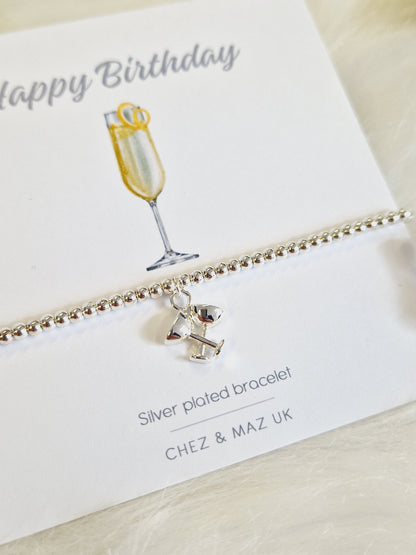 Silver plated Happy Birthday I  Friend I  Birthday Gifts For Women I Beaded Silver Jewellery with Silver champagne glasses