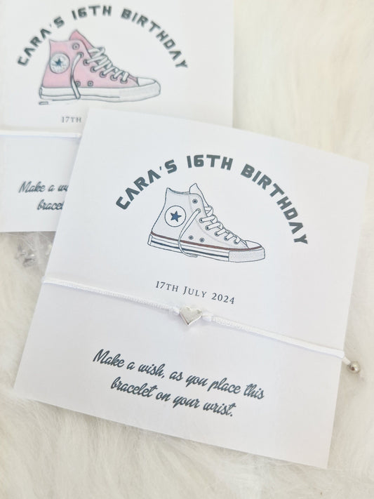 Birthday I Converse Inspired I Wish String Charm Bracelet I Party bag filler I Personalised I Any age I  Trainers I Girl I BoyI  Party A5