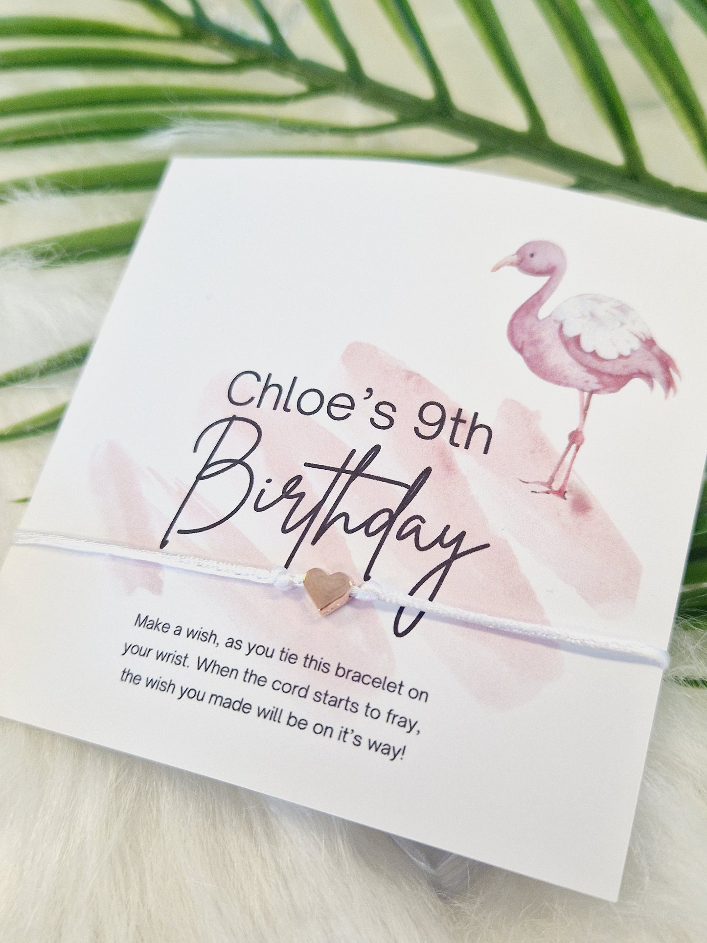 Flamingo Pink Design Birthday - Wish String Charm Bracelet - Party bag filler - Personalised - Any age - Christening - PartyFLM7