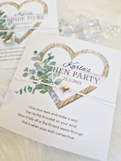 Eucalyptus heart Hen Party Wish Bracelets - Personalised  - Goodie Bag Filler - Hen Weekend, Hen Do, Girls Weekend - Bride to Be - EH3