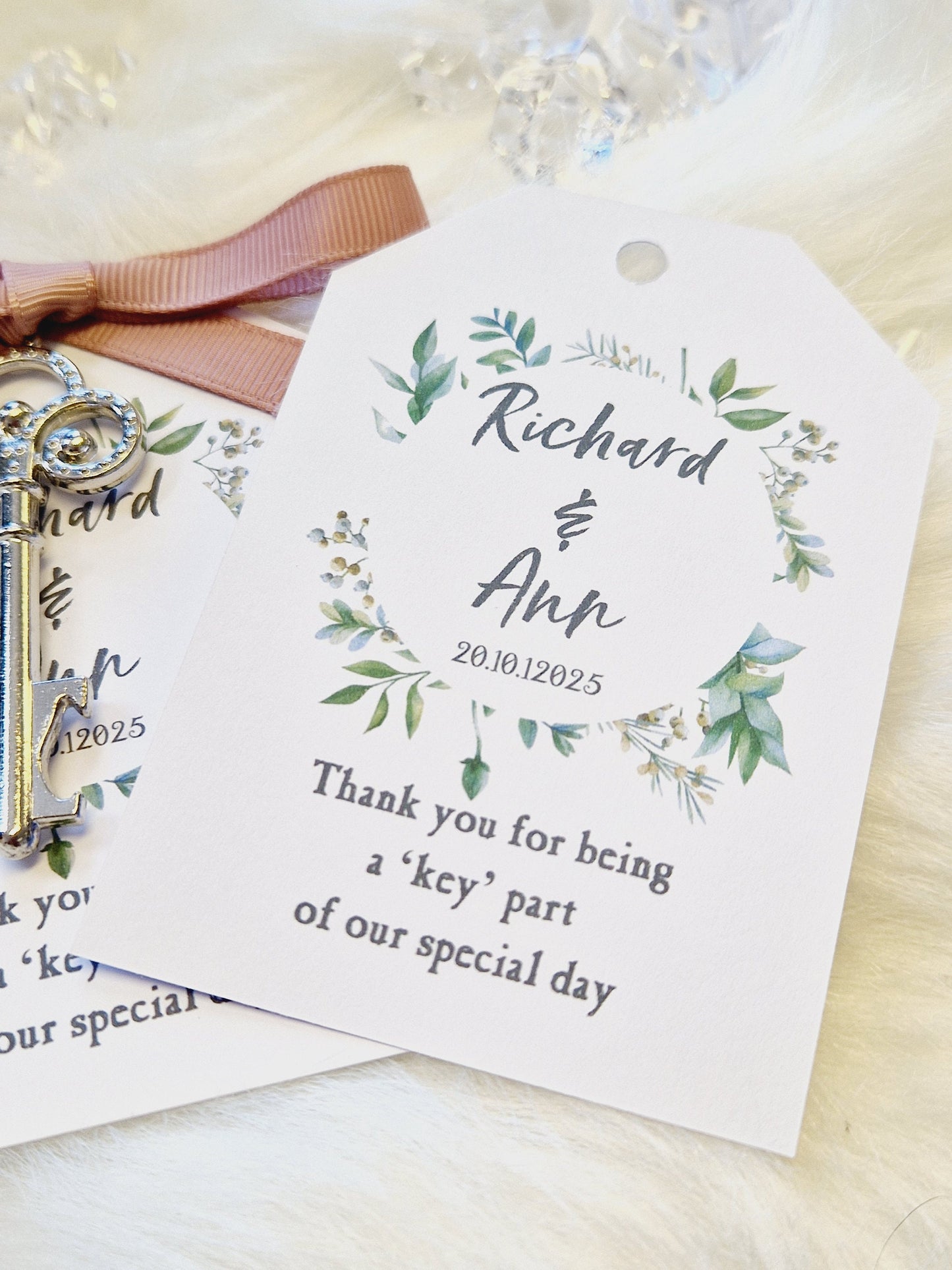 Eucalyptus Leaf Design Thank you Wedding favours- Key Bottle Opener, Gift Tag and Ribbon-Personalised Bride and Groom -BW5