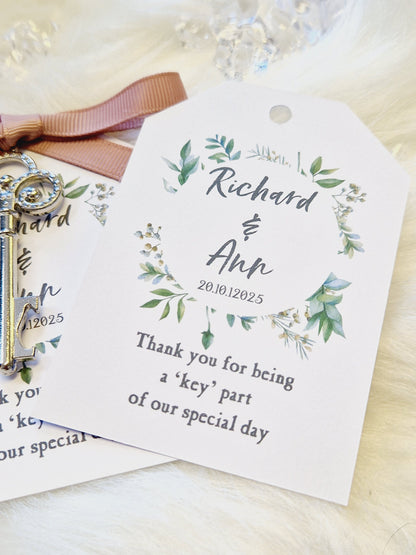 Eucalyptus Leaf Design Thank you Wedding favours- Key Bottle Opener, Gift Tag and Ribbon-Personalised Bride and Groom -BW5