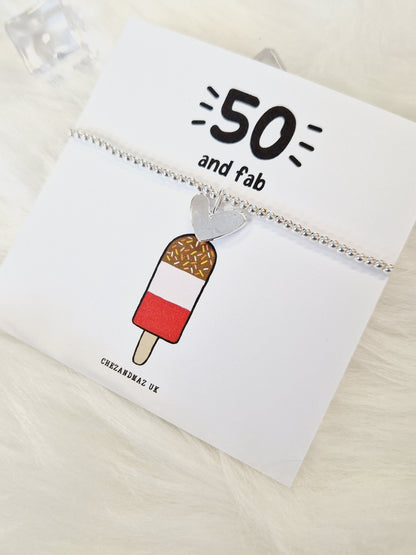 50th Birthday Charm Bracelet: Fifty and Fab Gift Heart Charm, Fabulous Lolly