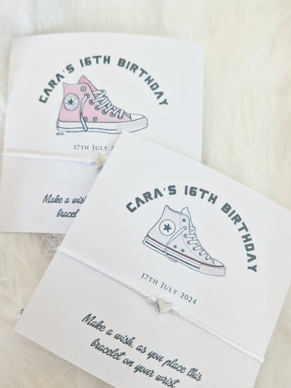 Birthday I Converse Inspired I Wish String Charm Bracelet I Party bag filler I Personalised I Any age I  Trainers I Girl I BoyI  Party A5