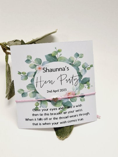 Eucalyptus Hen Party - Baby Shower Wish Bracelets -Personalised-Goodie Bag Filler-Hen Weekend,Hen Do,Girls Weekend - Bride to Be - EW2