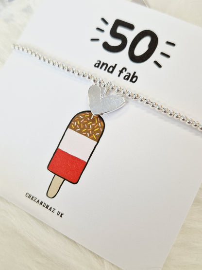 50th Birthday Charm Bracelet: Fifty and Fab Gift Heart Charm, Fabulous Lolly