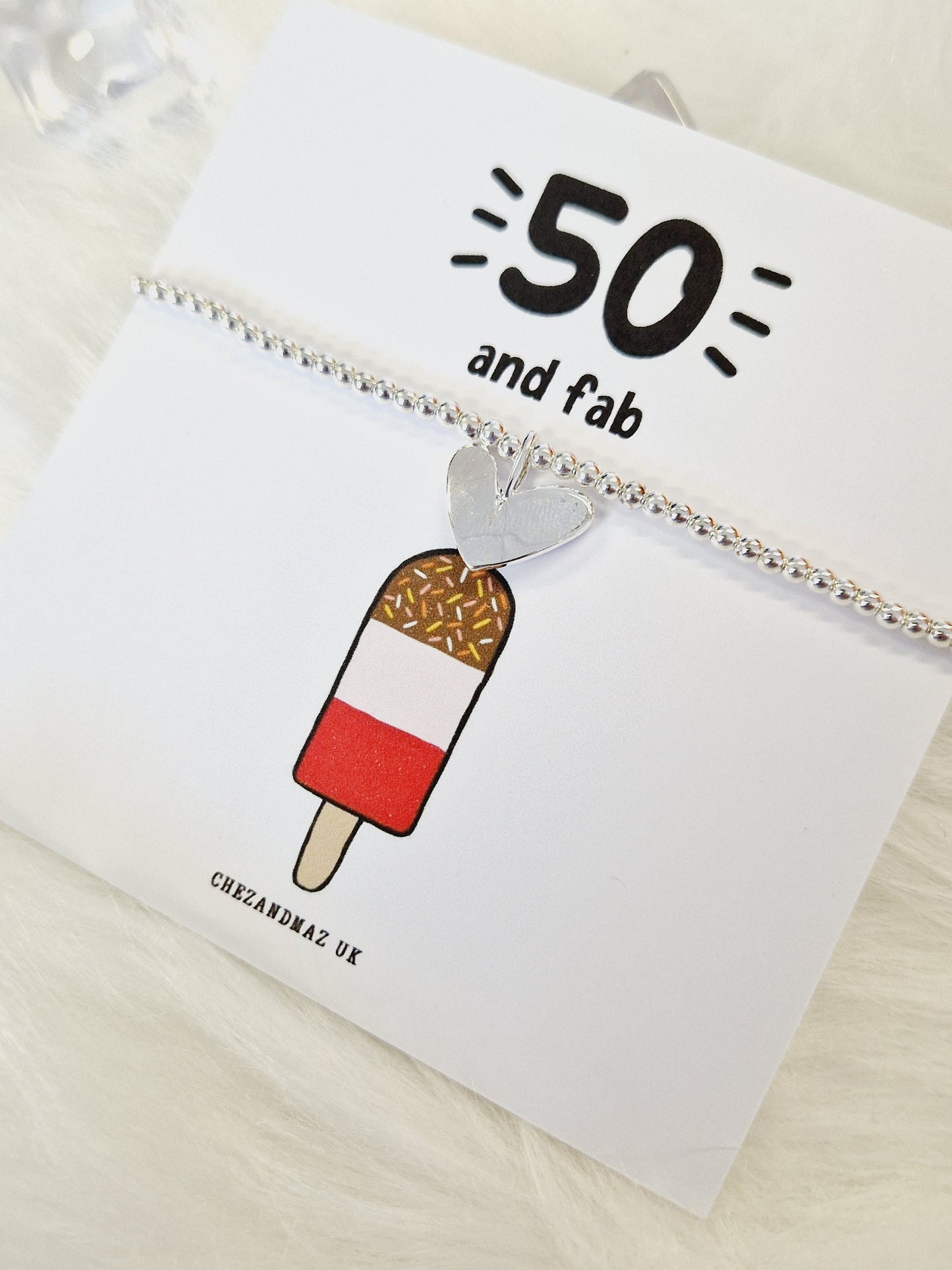 50th Birthday Charm Bracelet: Fifty and Fab Gift Heart Charm, Fabulous Lolly
