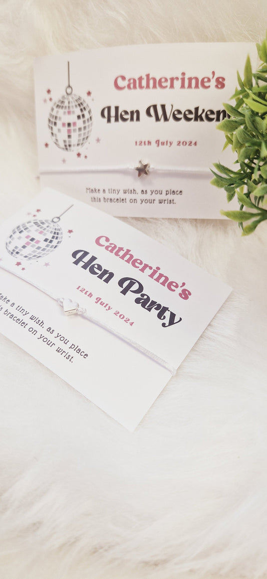 Retro Glitterball  I Hen Party I  Bride to Be I  Wish Bracelets - Personalised I Goodie Bag Filler Hen Weekend, Hen Do, Girls Weekend - CA2