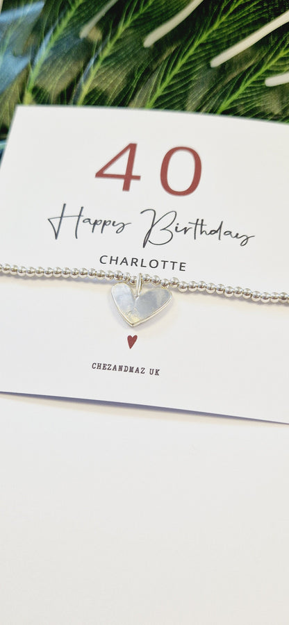40th Birthday Silver Plated Heart Charm Bracelet, forty, 40, Personalised