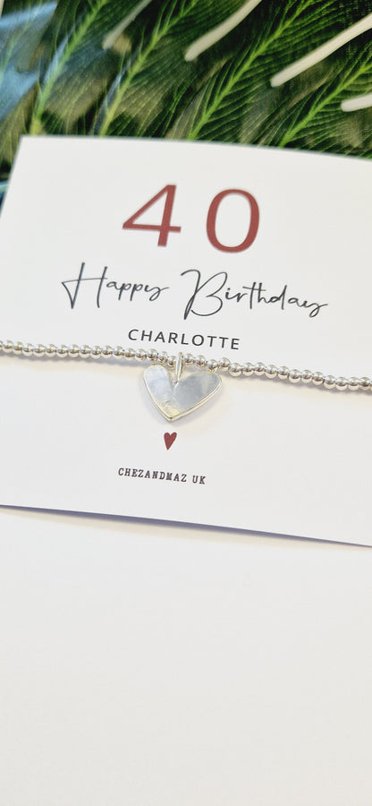 40th Birthday Silver Plated Heart Charm Bracelet, forty, 40, Personalised