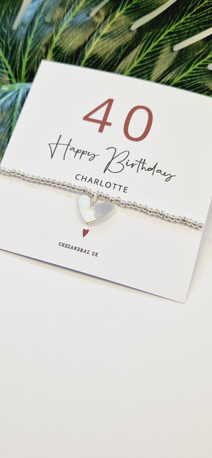 40th Birthday Silver Plated Heart Charm Bracelet, forty, 40, Personalised