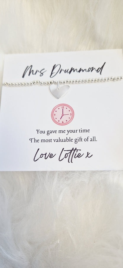 Thank You Gift Teacher Personalised I Nursery | TA | Childminder | Silver Beaded Charm Bracelet | Gifts For Teachers | Giving me your Time