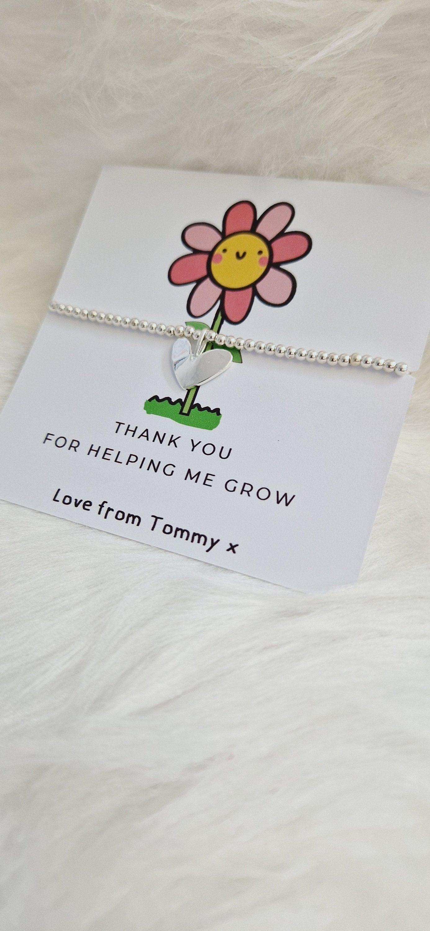 Helping Me Grow - Teacher Thank You Gift, Silver Beaded Bracelet. Flower design
