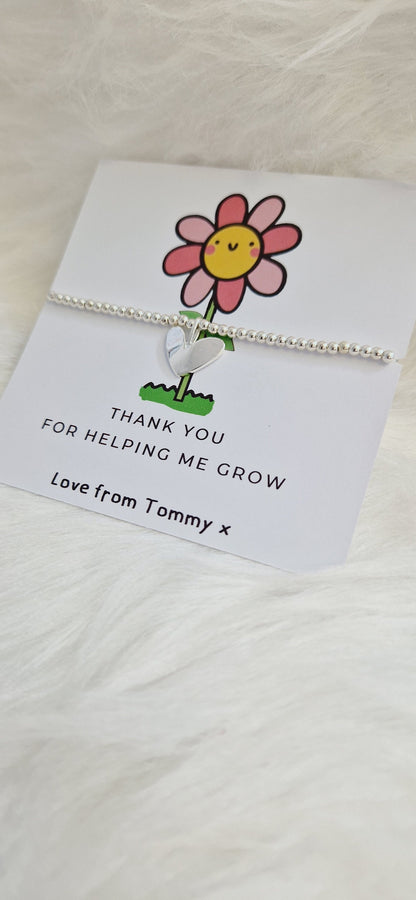 Helping Me Grow - Teacher Thank You Gift, Silver Beaded Bracelet. Flower design