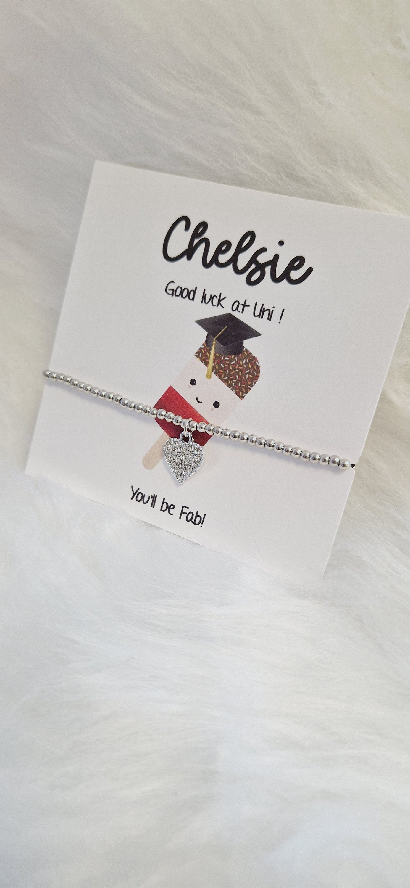 Good Luck University Gift Personalied Silver Bead Bracelet, you'll be fab!