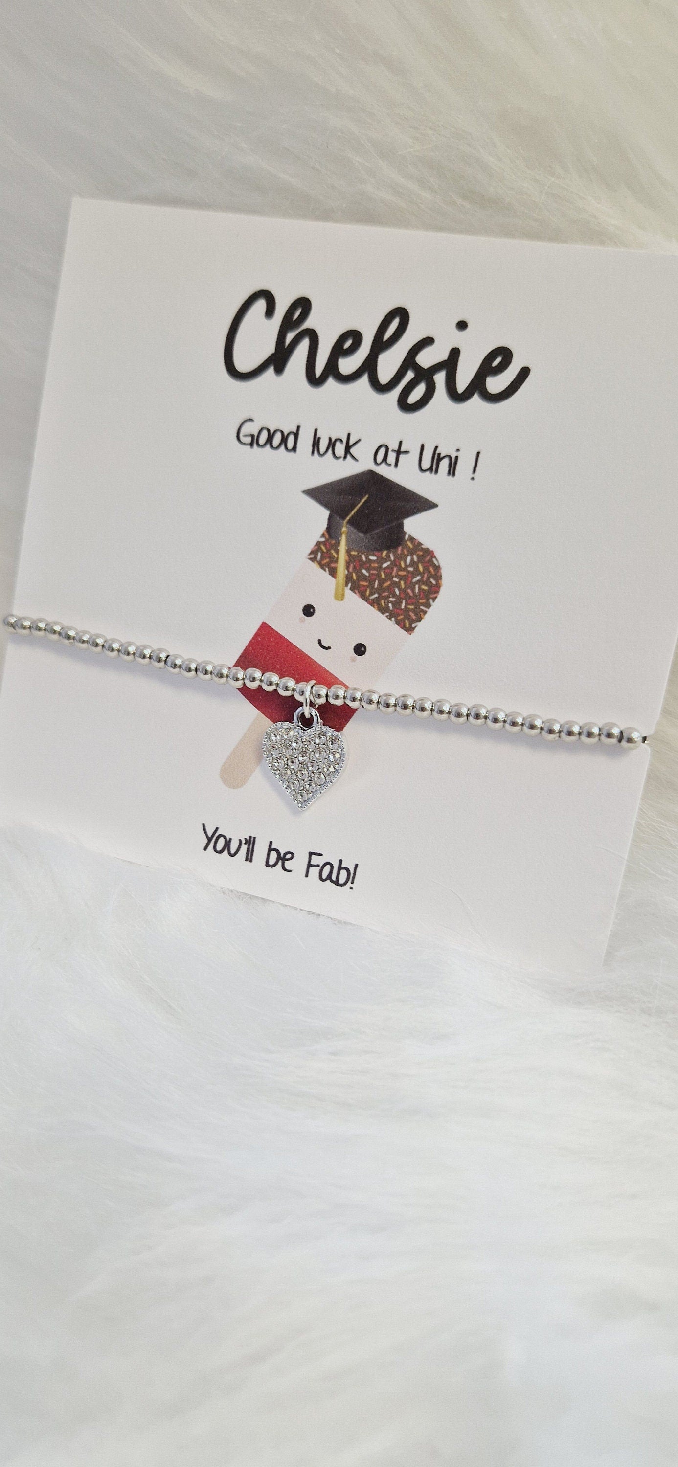 Good Luck University Gift Personalied Silver Bead Bracelet, you'll be fab!