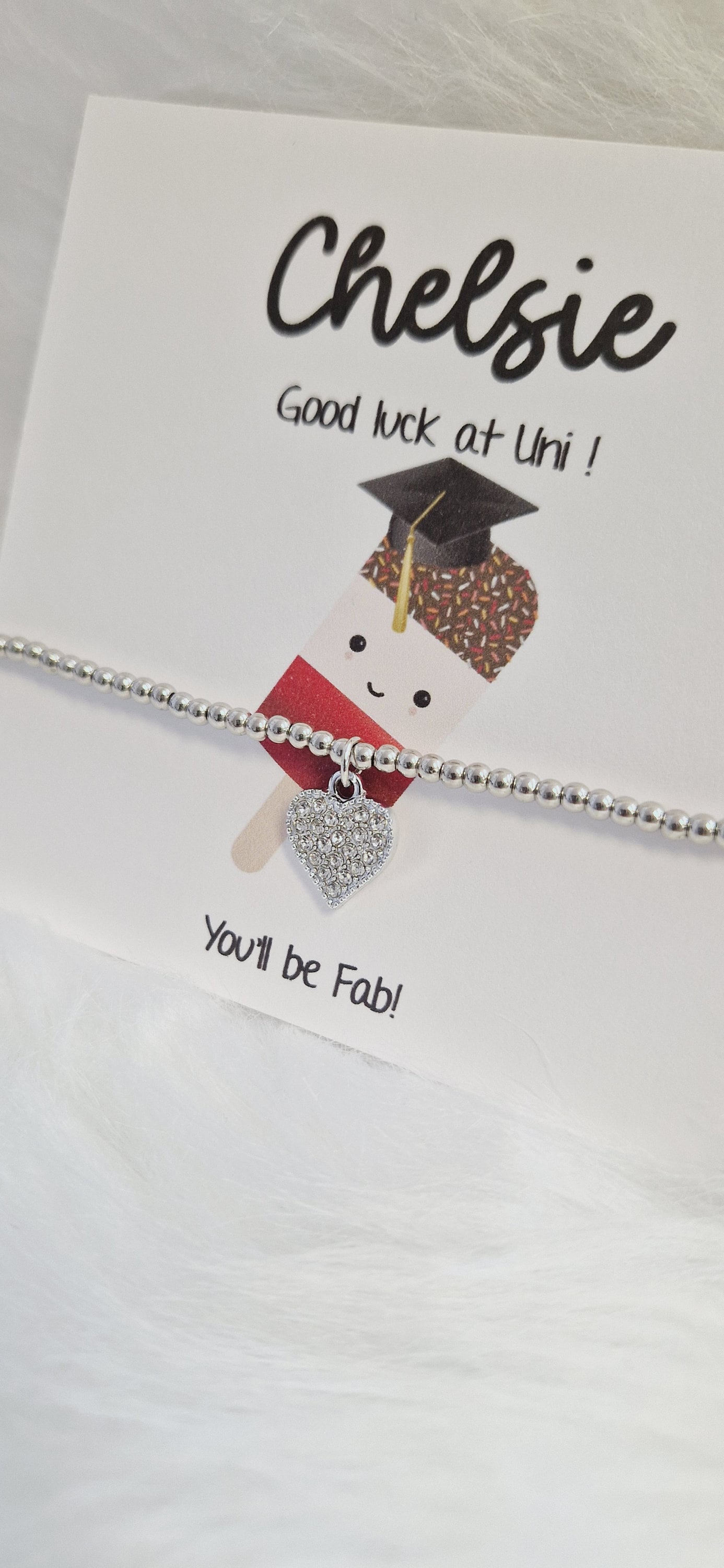 Good Luck University Gift Personalied Silver Bead Bracelet, you'll be fab!
