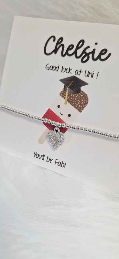 Good Luck University Gift Personalied Silver Bead Bracelet, you'll be fab!