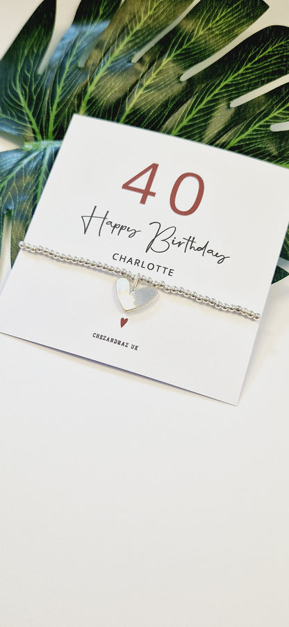 40th Birthday Silver Plated Heart Charm Bracelet, forty, 40, Personalised