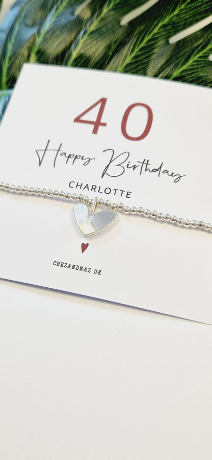 40th Birthday Silver Plated Heart Charm Bracelet, forty, 40, Personalised