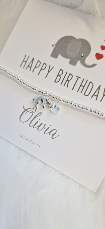 Happy Birthday Personalised Elephant Card I Silver Plated Charm Bbracelet & Silver Elephant Charm