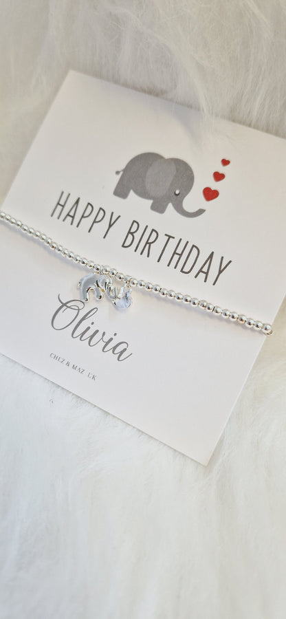 Happy Birthday Personalised Elephant Card I Silver Plated Charm Bbracelet & Silver Elephant Charm