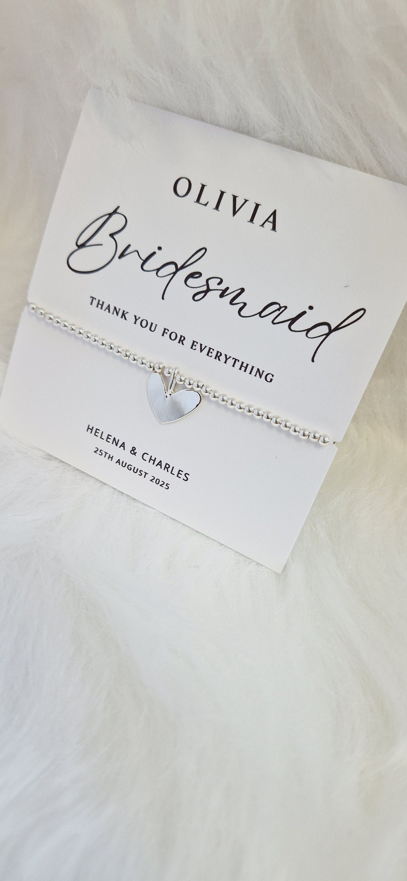 Personalised Bridesmaid - Maid of Honour I Silver plated Ball Stretch Bracelet – Dainty Silver - Charm Bracelet & Silver Heart Charm -56B
