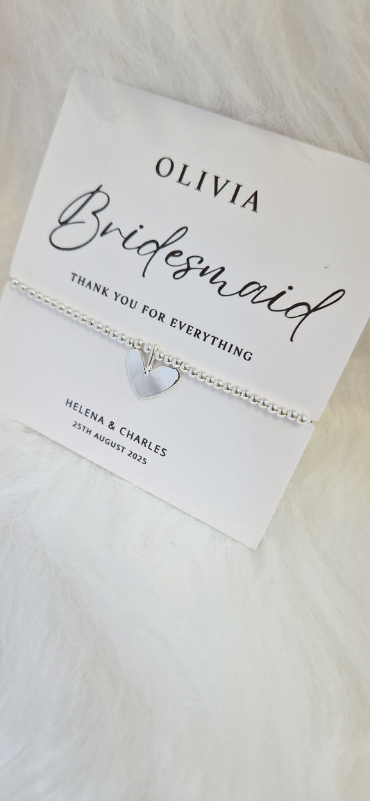 Personalised Bridesmaid - Maid of Honour I Silver plated Ball Stretch Bracelet – Dainty Silver - Charm Bracelet & Silver Heart Charm -56B