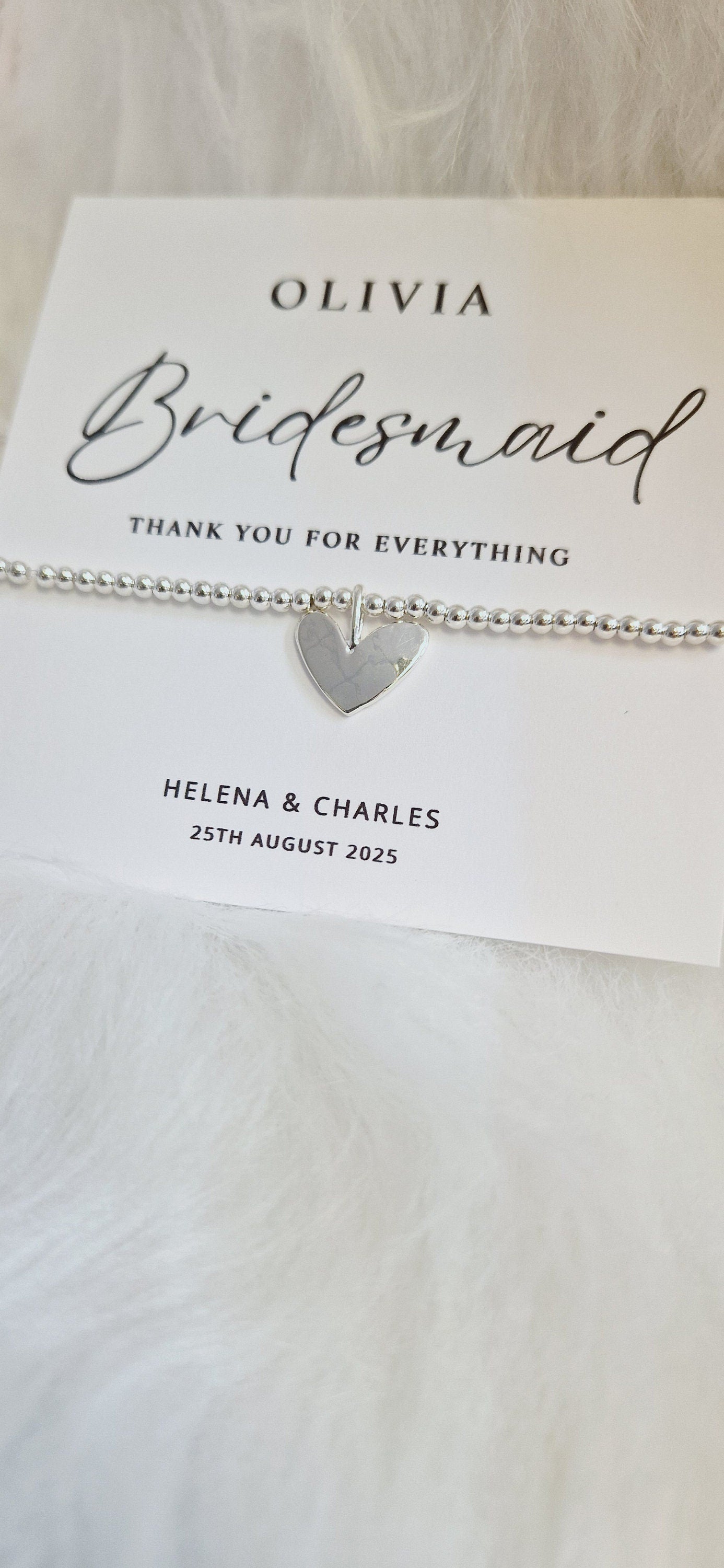Personalised Bridesmaid - Maid of Honour I Silver plated Ball Stretch Bracelet – Dainty Silver - Charm Bracelet & Silver Heart Charm -56B