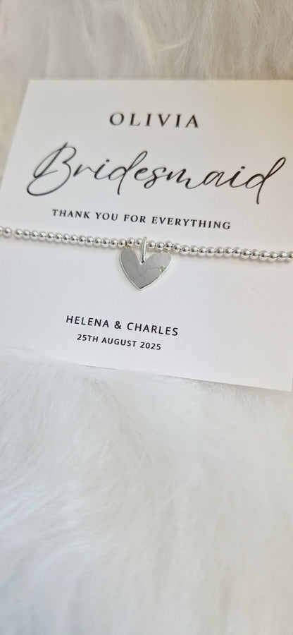 Personalised Bridesmaid - Maid of Honour I Silver plated Ball Stretch Bracelet – Dainty Silver - Charm Bracelet & Silver Heart Charm -56B