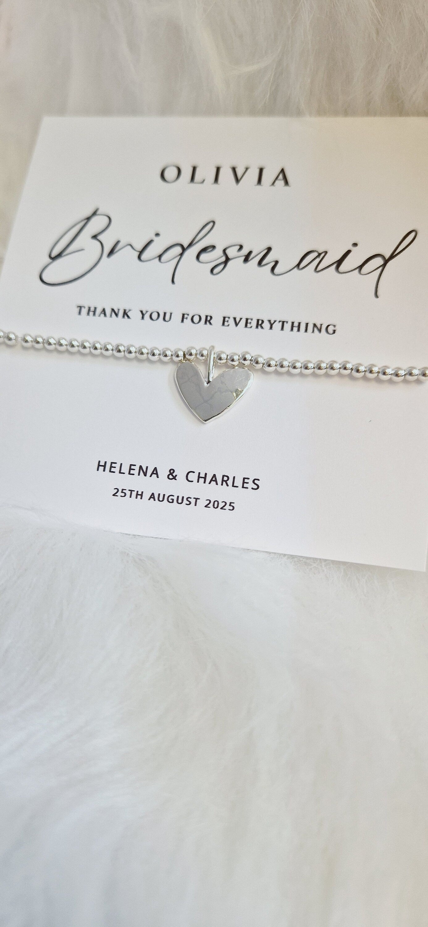Personalised Bridesmaid - Maid of Honour I Silver plated Ball Stretch Bracelet – Dainty Silver - Charm Bracelet & Silver Heart Charm -56B