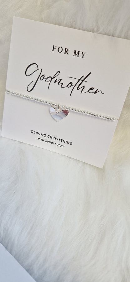 Godmother Gift: Silver Heart Charm Ball Bracelet - Christening Gift - For My Godmother, Our Godmother - Birthday