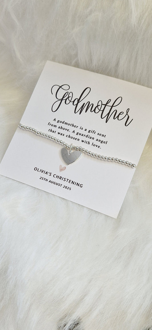 Personalised GodmotherI Christening I Baptism Gift I Silver plated Ball Stretch Bracelet I Dainty Silver - Charm Bracelet Charm -56B