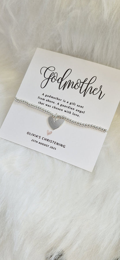 Personalised GodmotherI Christening I Baptism Gift I Silver plated Ball Stretch Bracelet I Dainty Silver - Charm Bracelet Charm -56B
