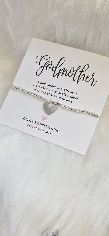 Personalised GodmotherI Christening I Baptism Gift I Silver plated Ball Stretch Bracelet I Dainty Silver - Charm Bracelet Charm -56B