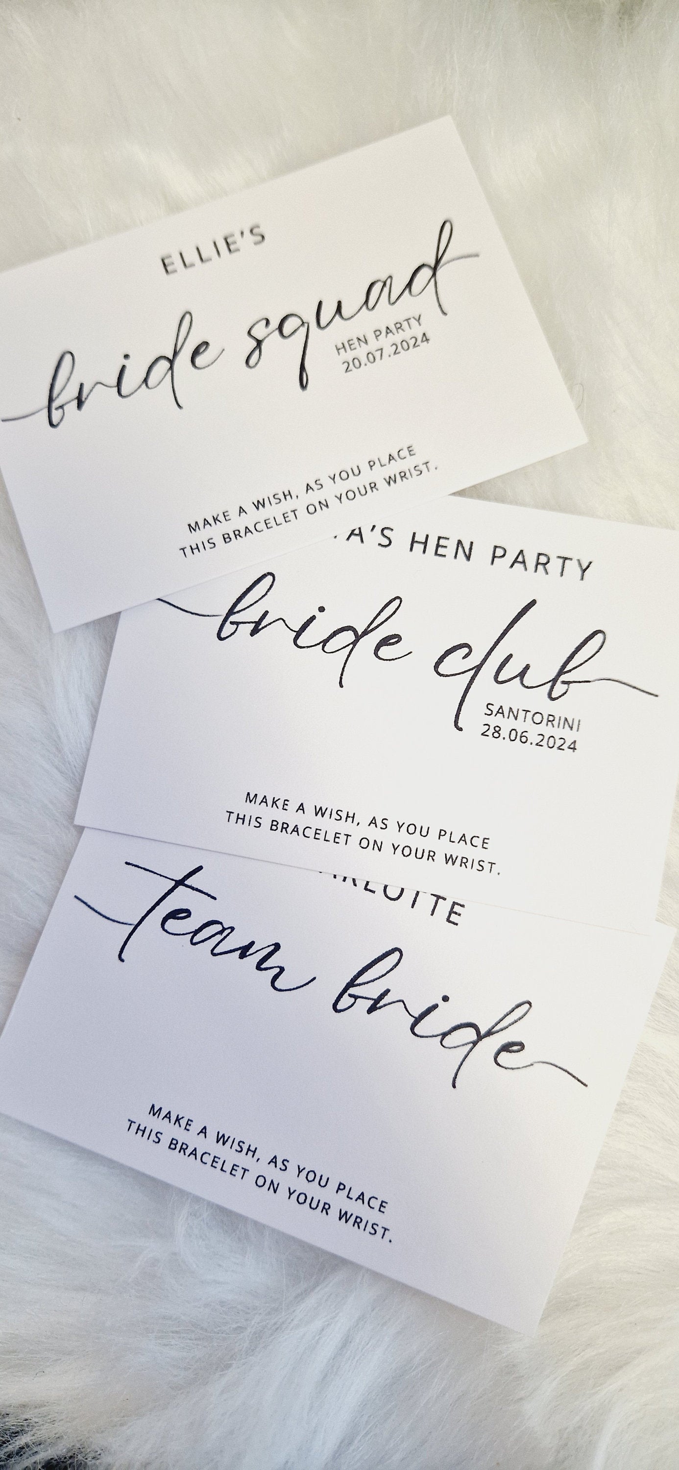 Pack of 10 Calligraphy Hen Party, Wish Bracelets - Personalised  - Goodie Bag Filler - Hen Weekend