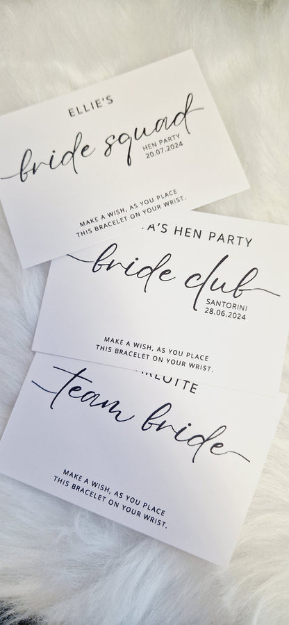 Pack of 10 Calligraphy Hen Party, Wish Bracelets - Personalised  - Goodie Bag Filler - Hen Weekend