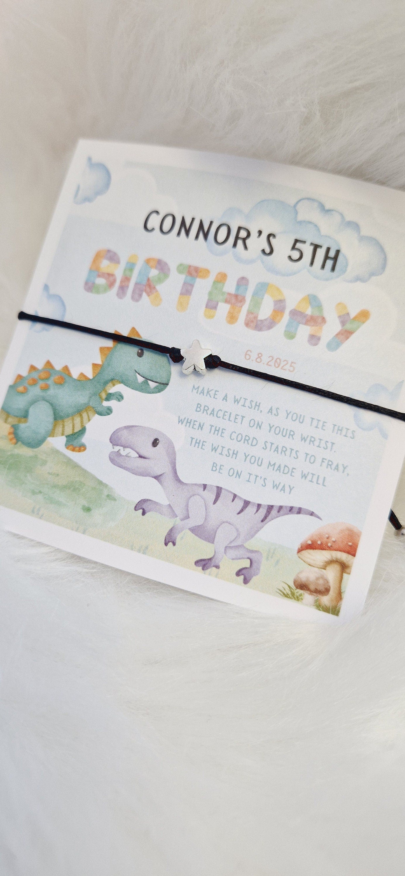 Dinosaur Design Birthday I Wish String Charm Bracelet I Party bag filler I Personalised I Any age I Boy or Girl I Star I Party