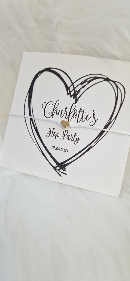 Personalised Wish String - Black Heart, Hen Do, Tea Bride, Bride to Be Hen Party Wish Bracelet: Silver Heart Charm
