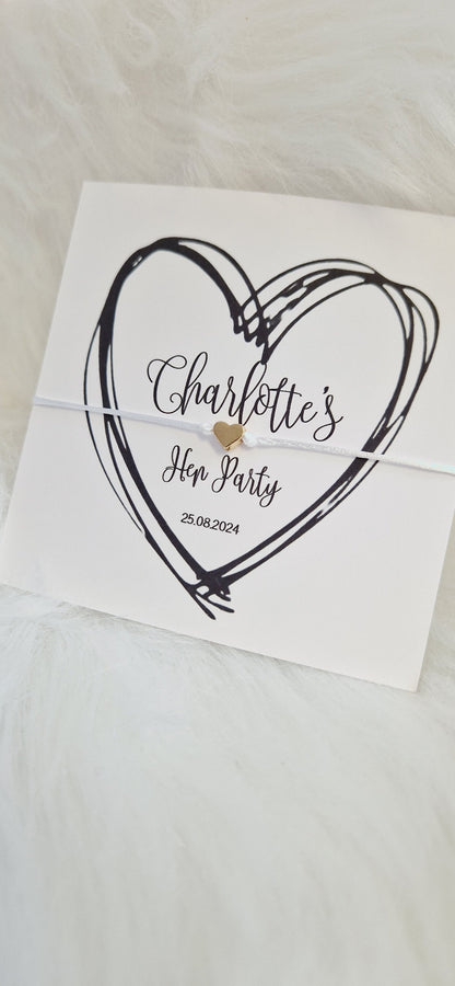 Personalised Wish String - Black Heart, Hen Do, Tea Bride, Bride to Be Hen Party Wish Bracelet: Silver Heart Charm