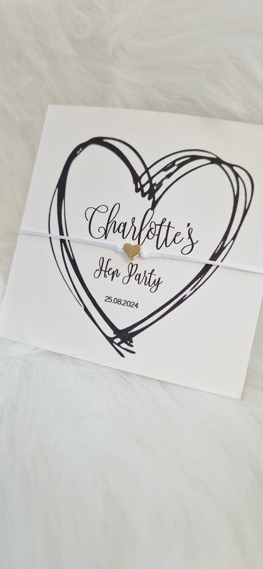Personalised Wish String - Black Heart, Hen Do, Tea Bride, Bride to Be Hen Party Wish Bracelet: Silver Heart Charm
